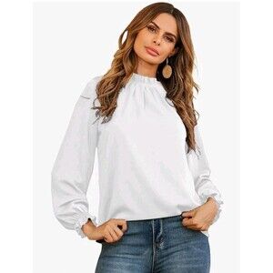 NEW LYANER White Frill Mock-Neck Blouse Small | Pleated Long-Sleeve Feminine Top